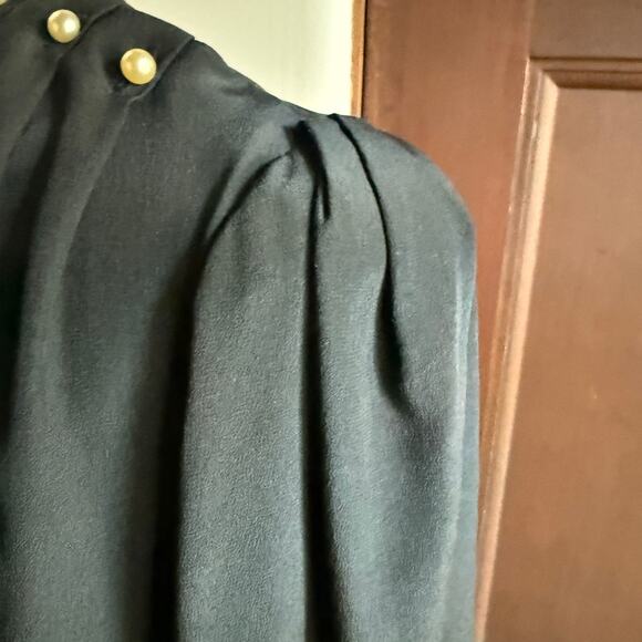 80s Vintage | LUCI PELLINI | Black Silk Split Neck Blouson Sleeve Midi Dress 5/6 - Picture 8 of 10